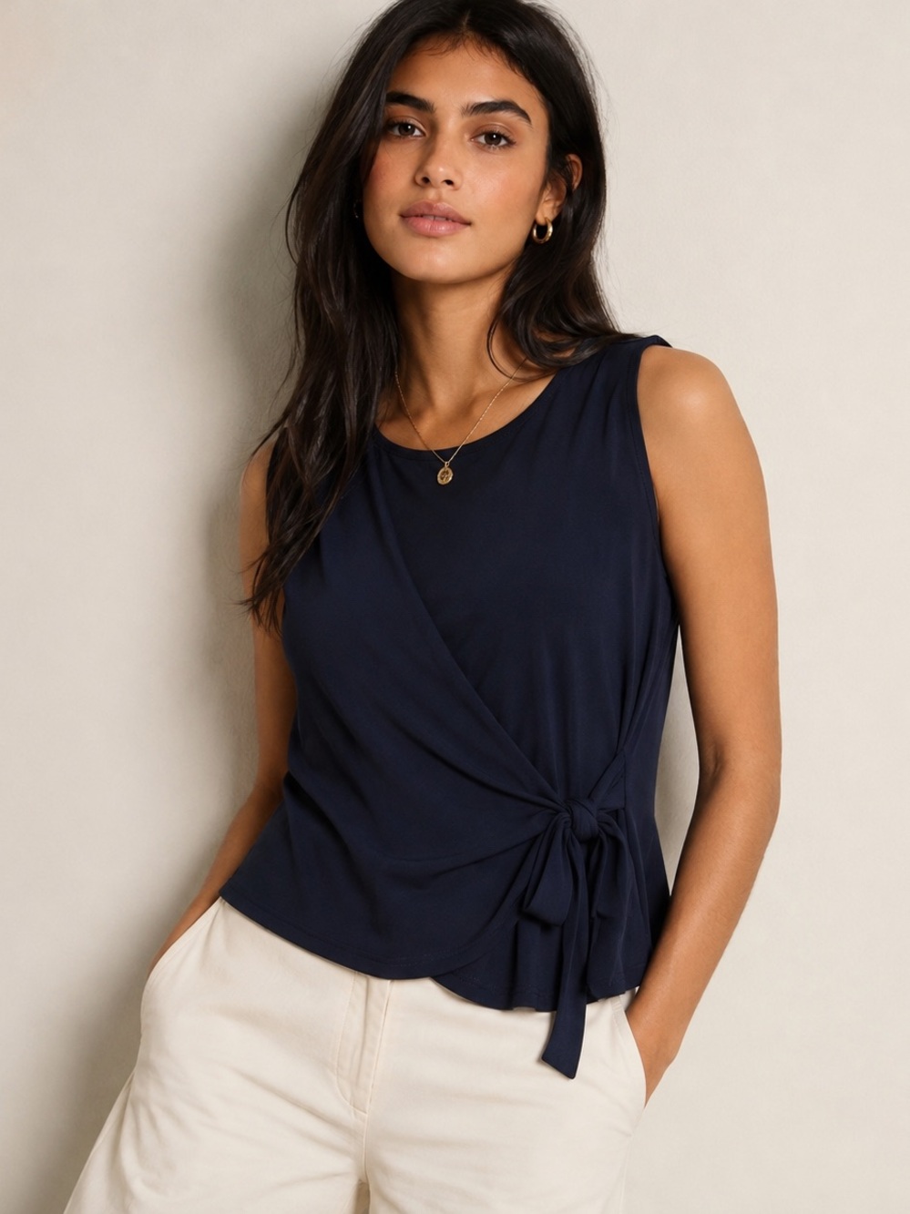 Navy Faux Wrap Side Tie Sleeveless Top